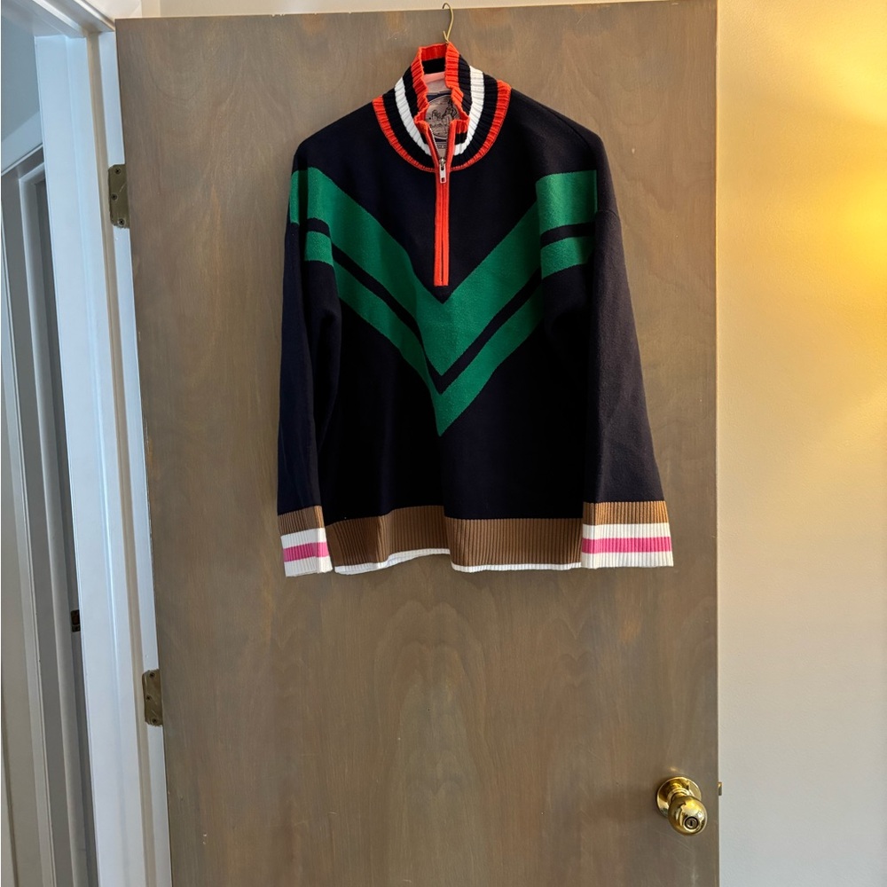 Maeve Navy and Green Chevron Zip-Up Sweater